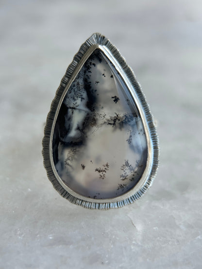 Dendritic Opal statement ring, large teardrop gemstone, sterling silver, unique and unusual jewellery, one of a kind, nature's art ring