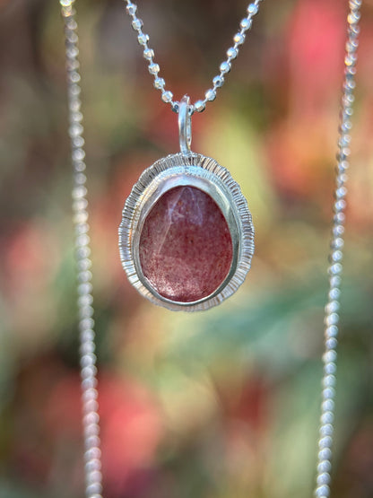 Rose cut Strawberry Quartz pendant, bezel set, open back, natural gemstone necklace, love stone, anniversary present, valentines gift