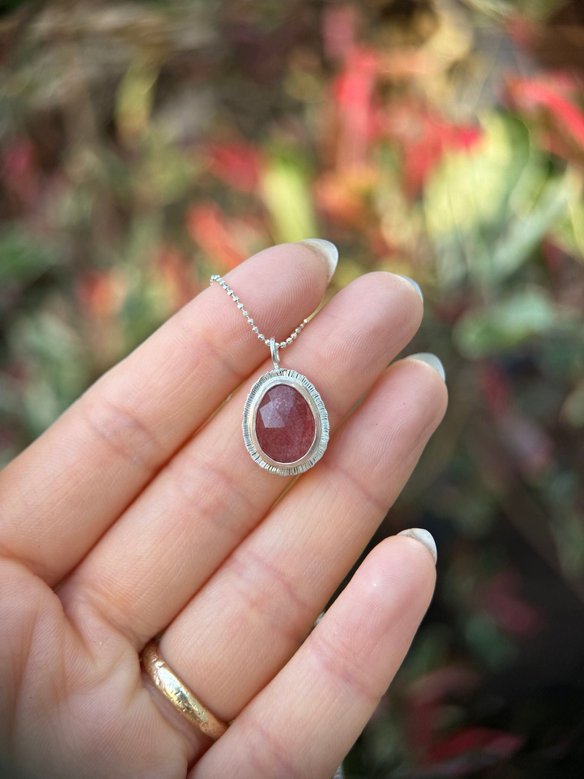 Rose cut Strawberry Quartz pendant, bezel set, open back, natural gemstone necklace, love stone, anniversary present, valentines gift