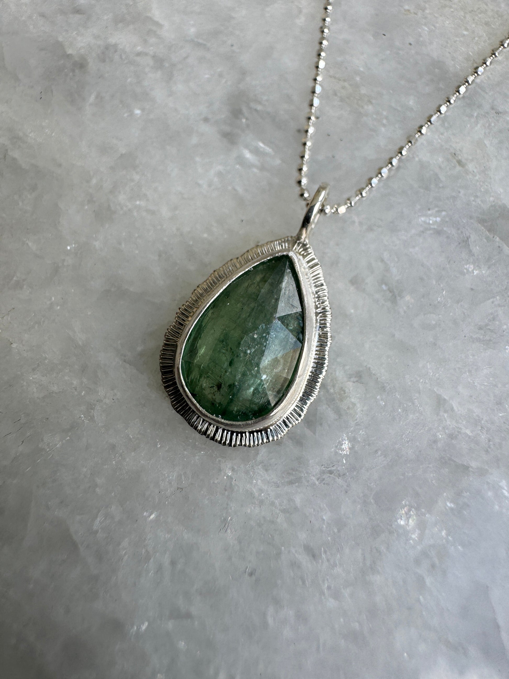 Rose cut Green Kyanite pendant, natural calming gemstone, bezel set, open back, sterling silver, diamond cut ball chain, unique gift for her