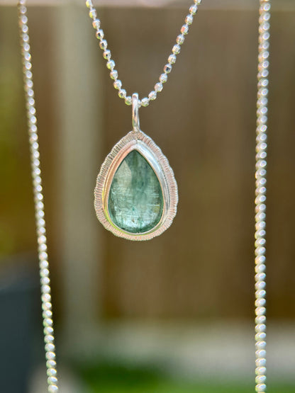 Rose cut Green Kyanite pendant, natural calming gemstone, bezel set, open back, sterling silver, diamond cut ball chain, unique gift for her