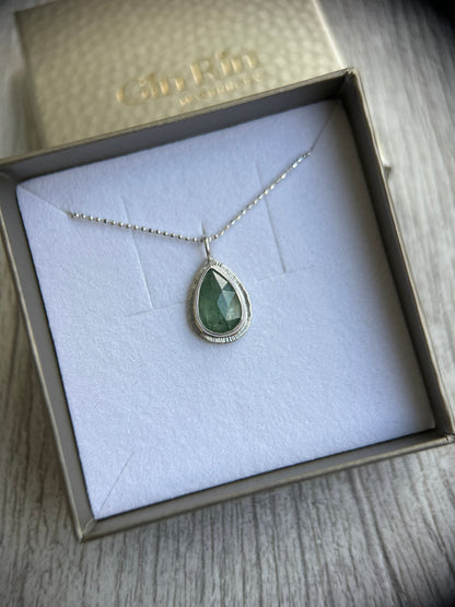 Rose cut Green Kyanite pendant, natural calming gemstone, bezel set, open back, sterling silver, diamond cut ball chain, unique gift for her