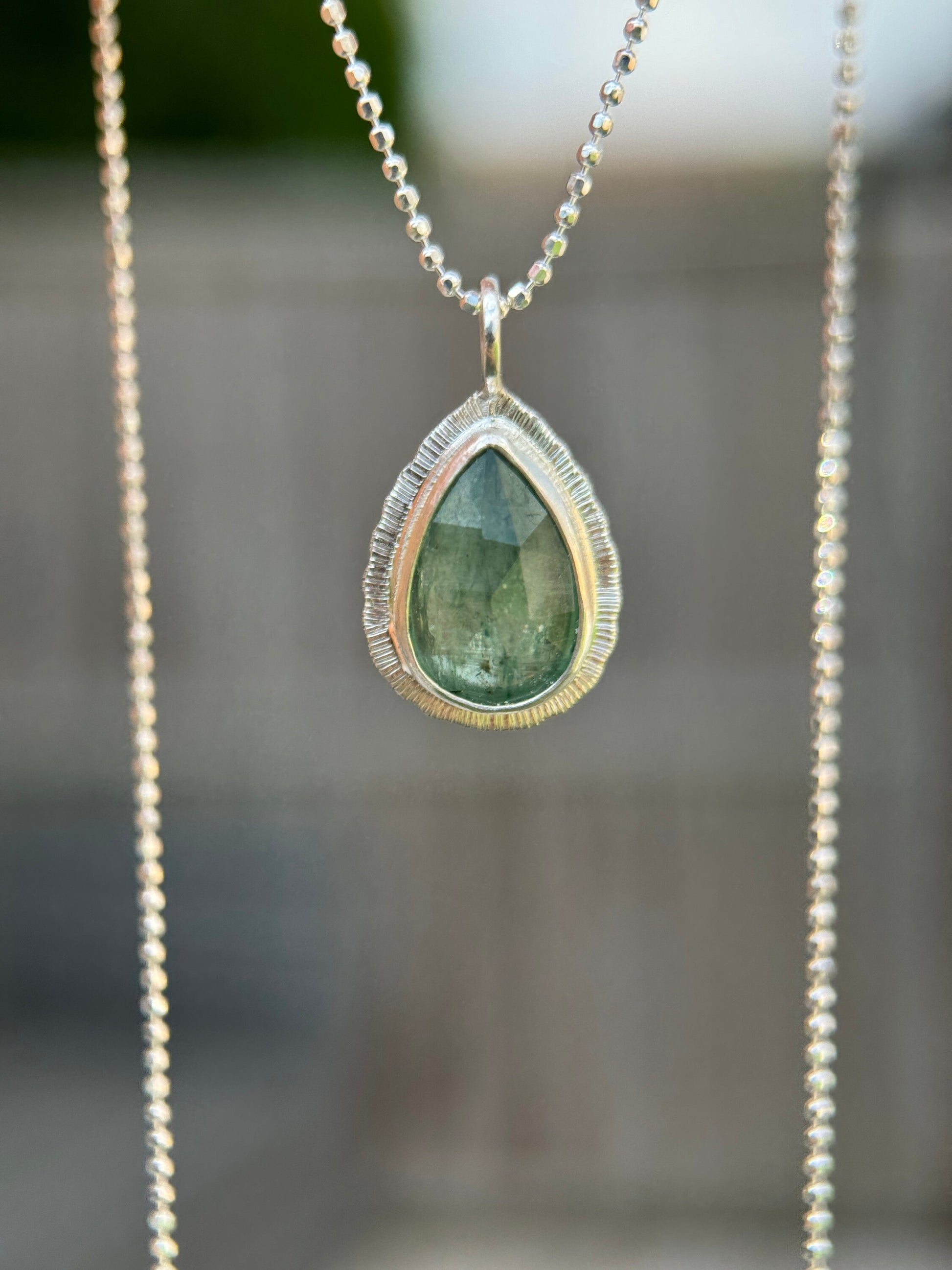 Rose cut Green Kyanite pendant, natural calming gemstone, bezel set, open back, sterling silver, diamond cut ball chain, unique gift for her