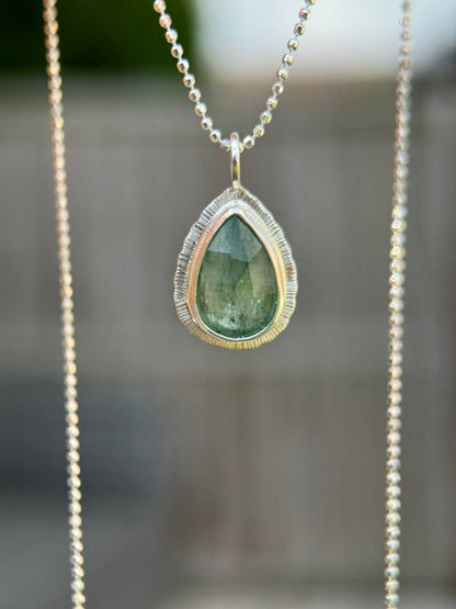 Rose cut Green Kyanite pendant, natural calming gemstone, bezel set, open back, sterling silver, diamond cut ball chain, unique gift for her