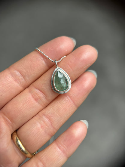 Rose cut Green Kyanite pendant, natural calming gemstone, bezel set, open back, sterling silver, diamond cut ball chain, unique gift for her