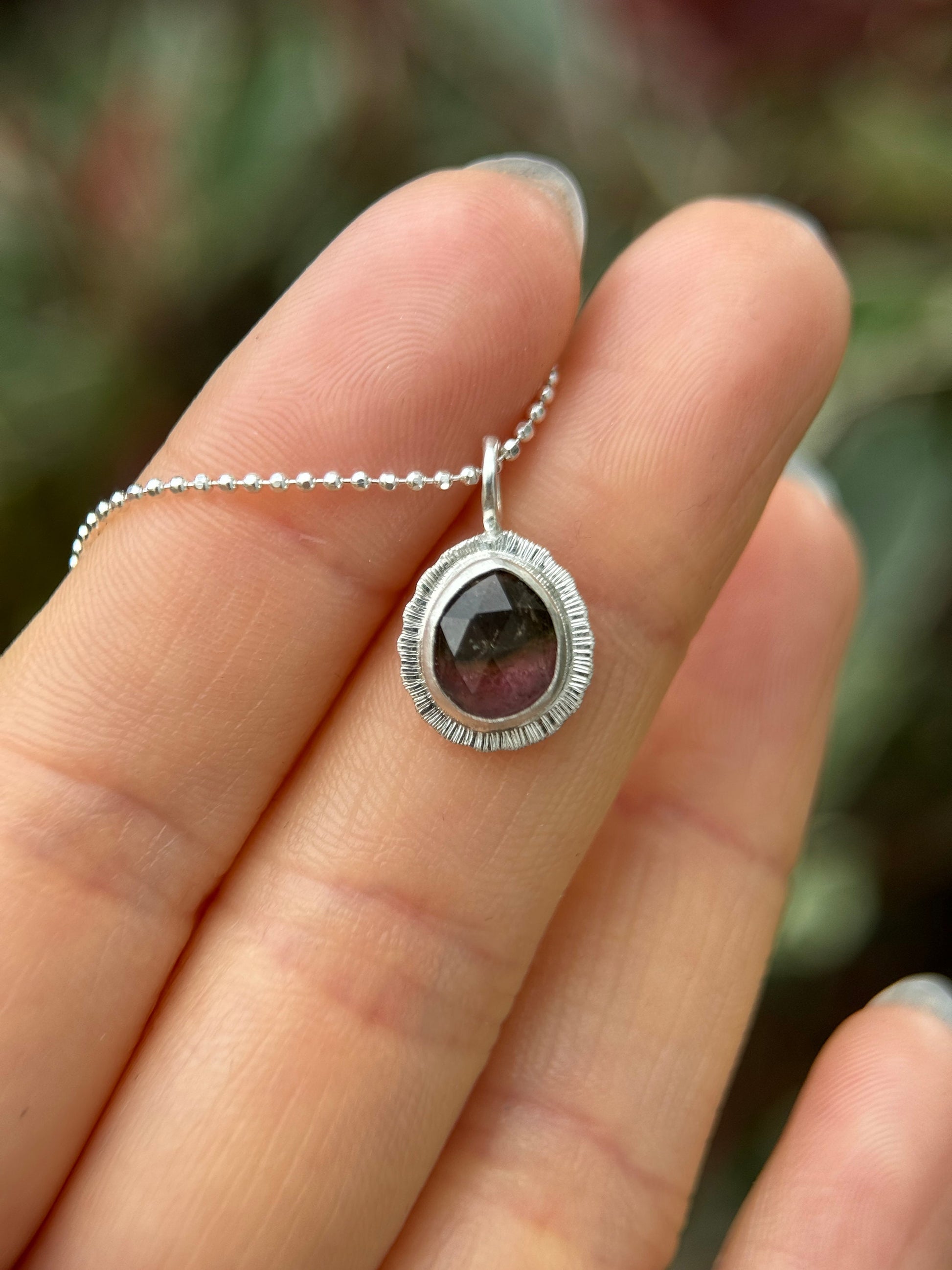 Rose cut Watermelon Tourmaline pendant, natural bicolour gemstone necklace, sterling silver,October birthstone, 8th wedding anniversary gift