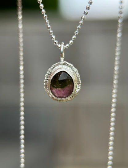 Rose cut Watermelon Tourmaline pendant, natural bicolour gemstone necklace, sterling silver,October birthstone, 8th wedding anniversary gift