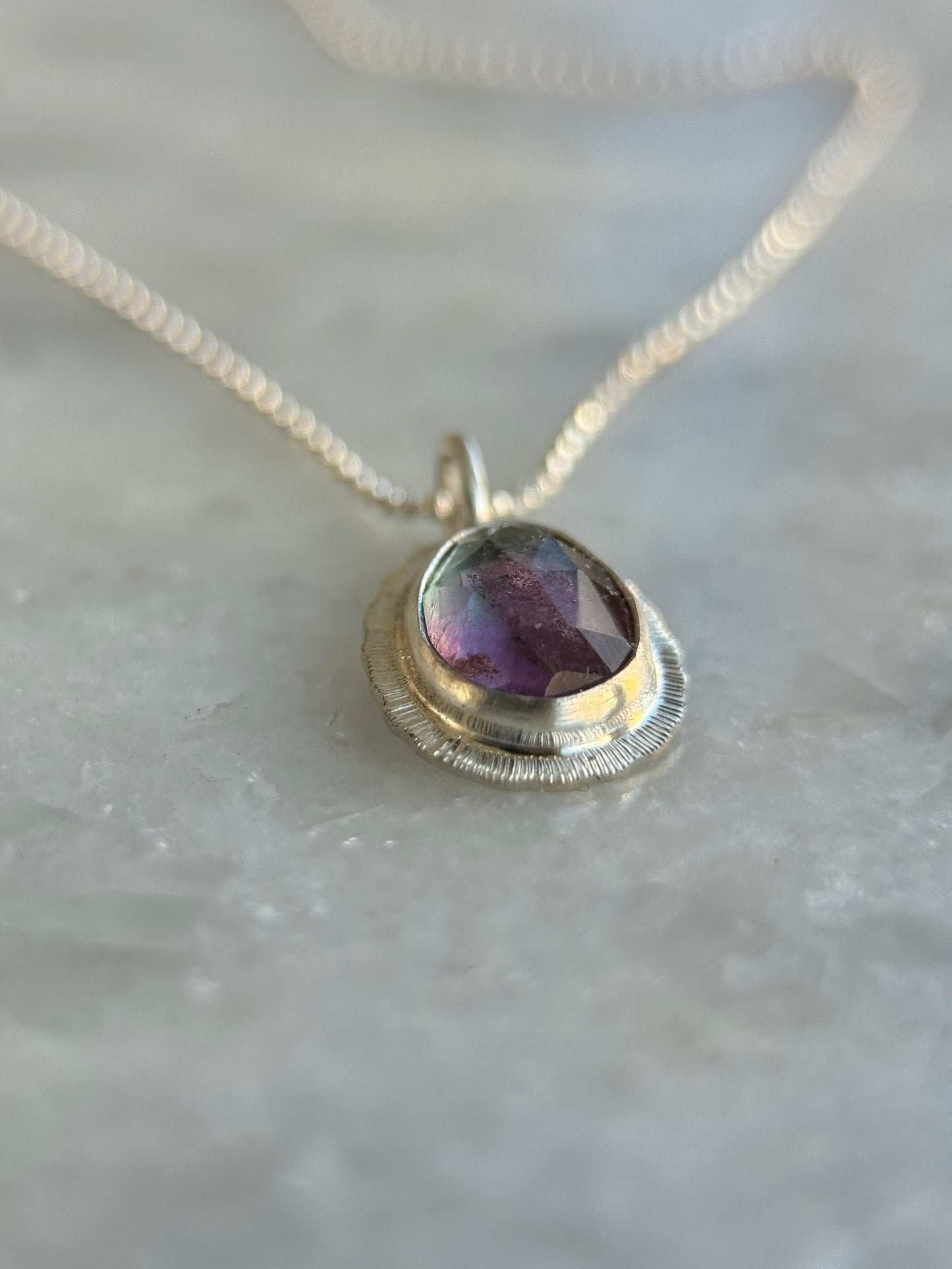 Rose cut Rainbow Fluorite pendant, natural multicoloured gemstone necklace, bezel set, open back, sterling silver crystal jewellery, OOAK