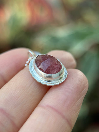 Rose cut Strawberry Quartz pendant, bezel set, open back, natural gemstone necklace, love stone, anniversary present, valentines gift