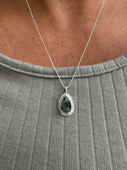 Rose cut teardrop Moss Agate pendant, natural gemstone necklace, open back, bezel set, sterling silver, unique and unusual, gift for virgo