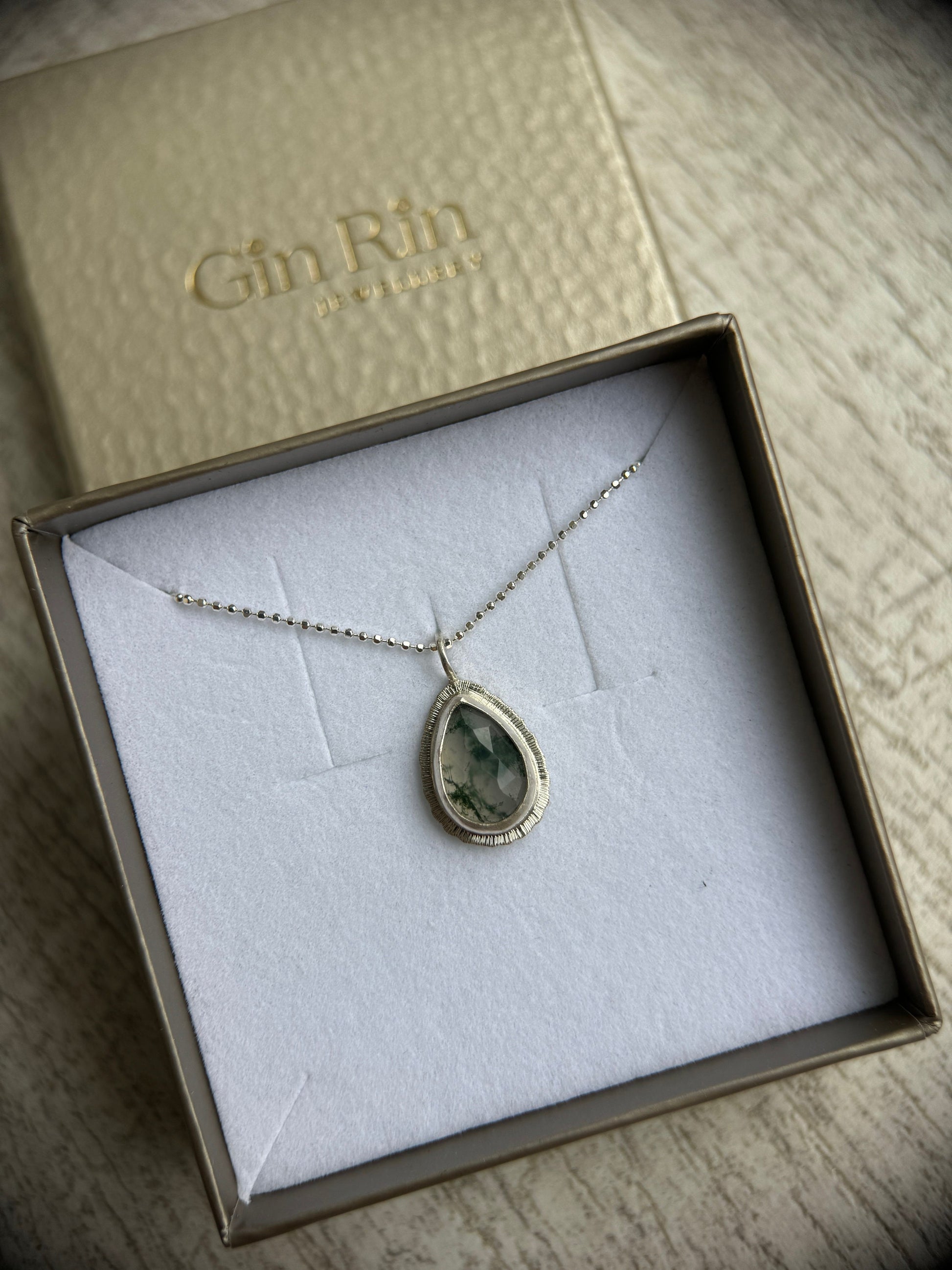 Rose cut teardrop Moss Agate pendant, natural gemstone necklace, open back, bezel set, sterling silver, unique and unusual, gift for virgo