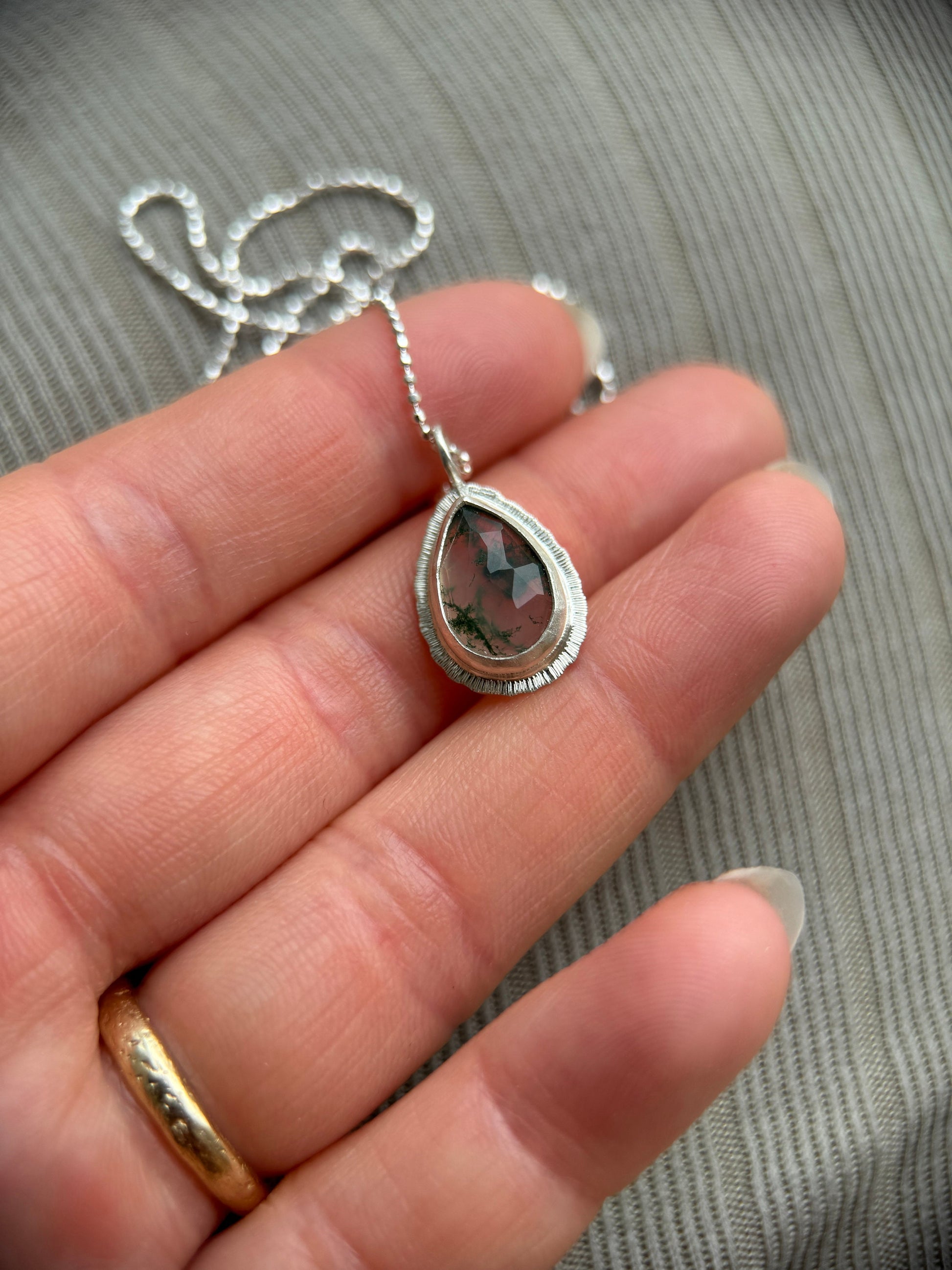 Rose cut teardrop Moss Agate pendant, natural gemstone necklace, open back, bezel set, sterling silver, unique and unusual, gift for virgo