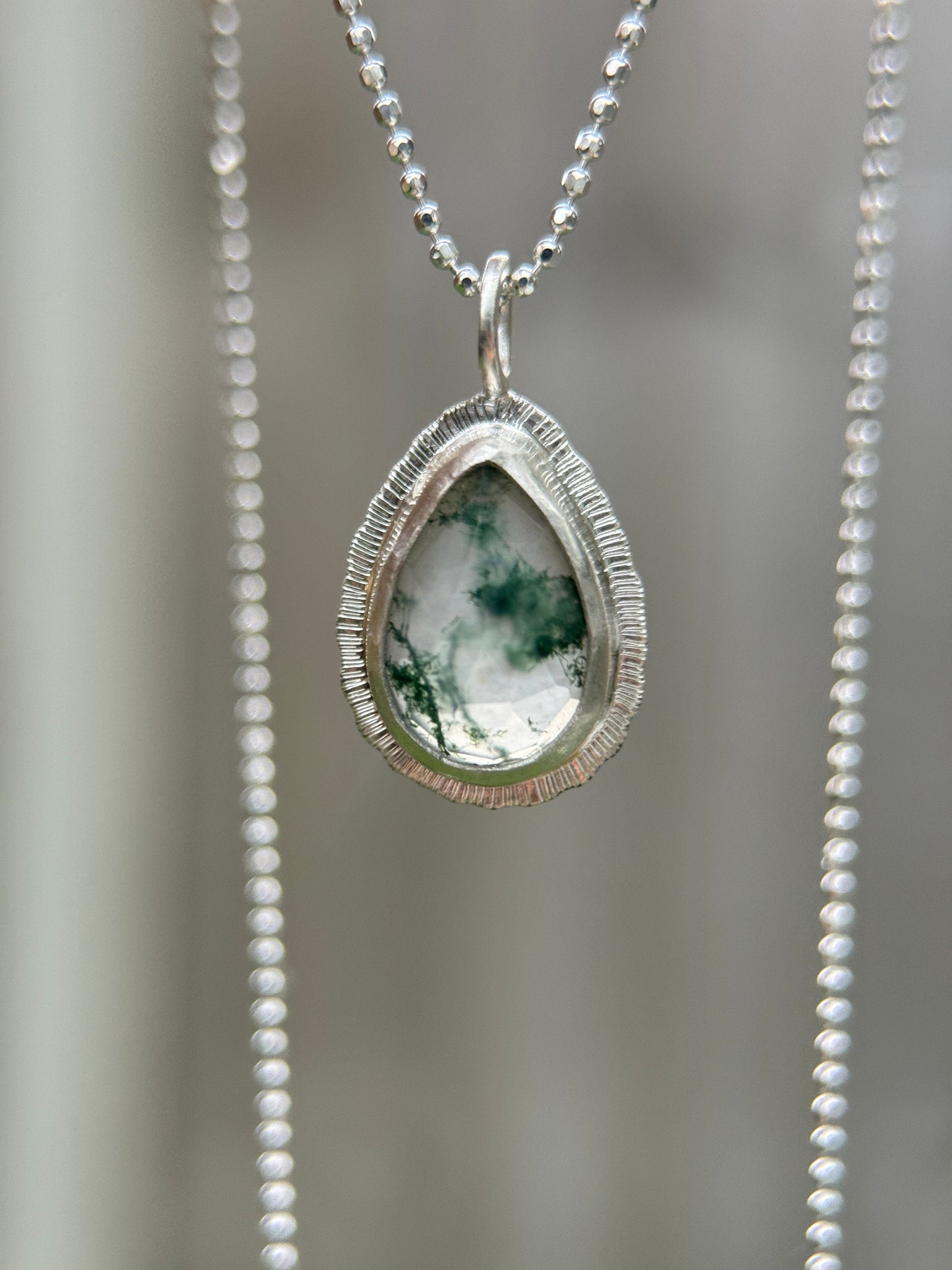 Rose cut teardrop Moss Agate pendant, natural gemstone necklace, open back, bezel set, sterling silver, unique and unusual, gift for virgo