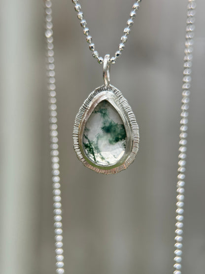 Rose cut teardrop Moss Agate pendant, natural gemstone necklace, open back, bezel set, sterling silver, unique and unusual, gift for virgo