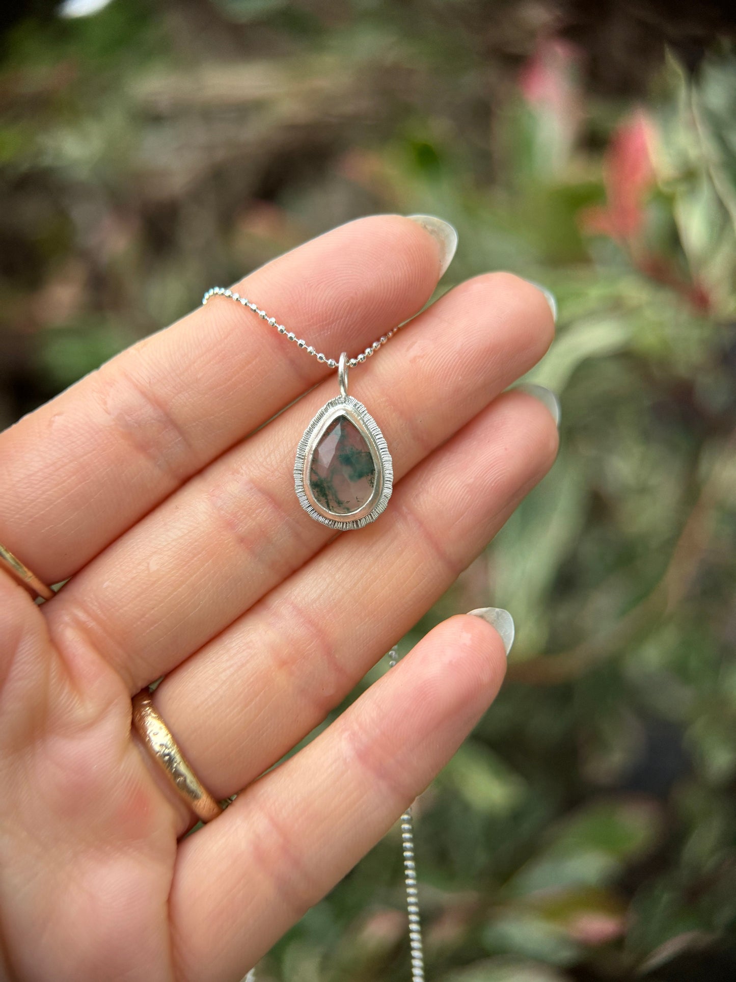 Rose cut teardrop Moss Agate pendant, natural gemstone necklace, open back, bezel set, sterling silver, unique and unusual, gift for virgo