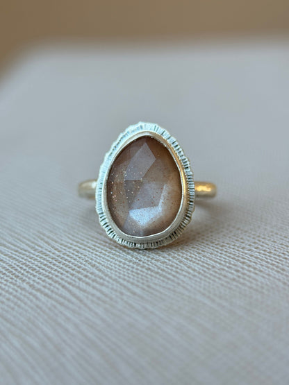 Rose cut bicolour Moonstone ring, natural sparkling gemstone, open back, bezel set, sterling silver, unusual jewellery gift, unique crystal