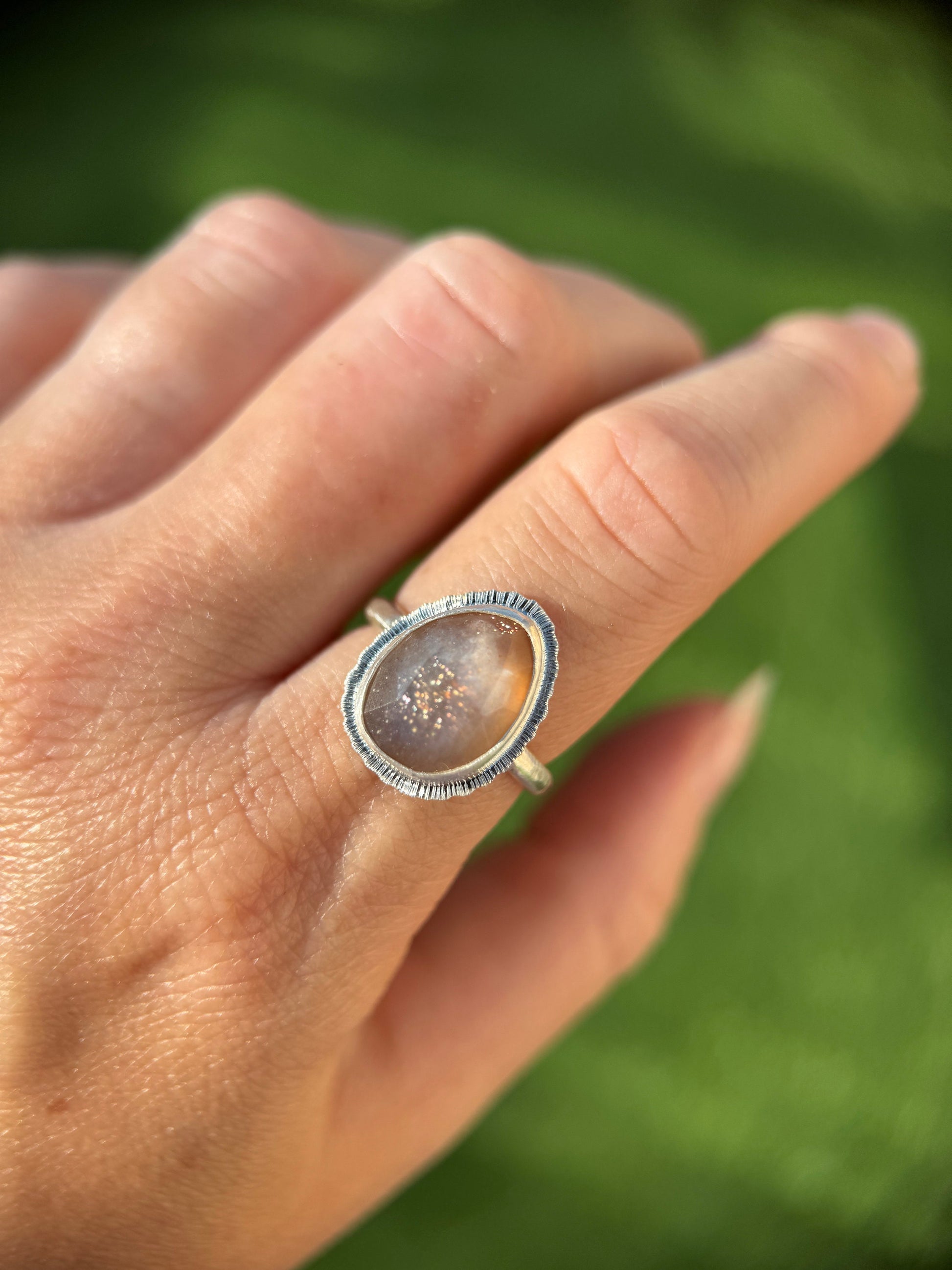 Rose cut bicolour Moonstone ring, natural sparkling gemstone, open back, bezel set, sterling silver, unusual jewellery gift, unique crystal