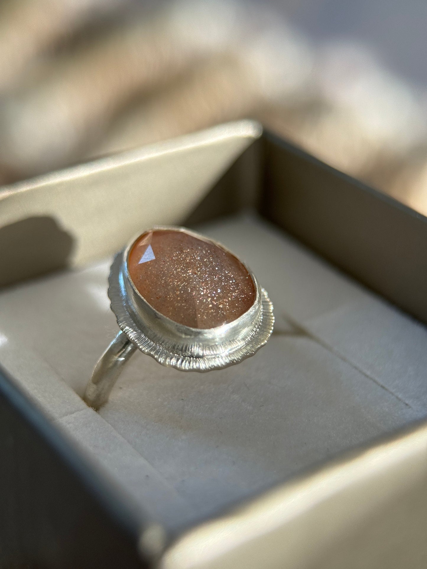 Rose cut bicolour Moonstone ring, natural sparkling gemstone, open back, bezel set, sterling silver, unusual jewellery gift, unique crystal