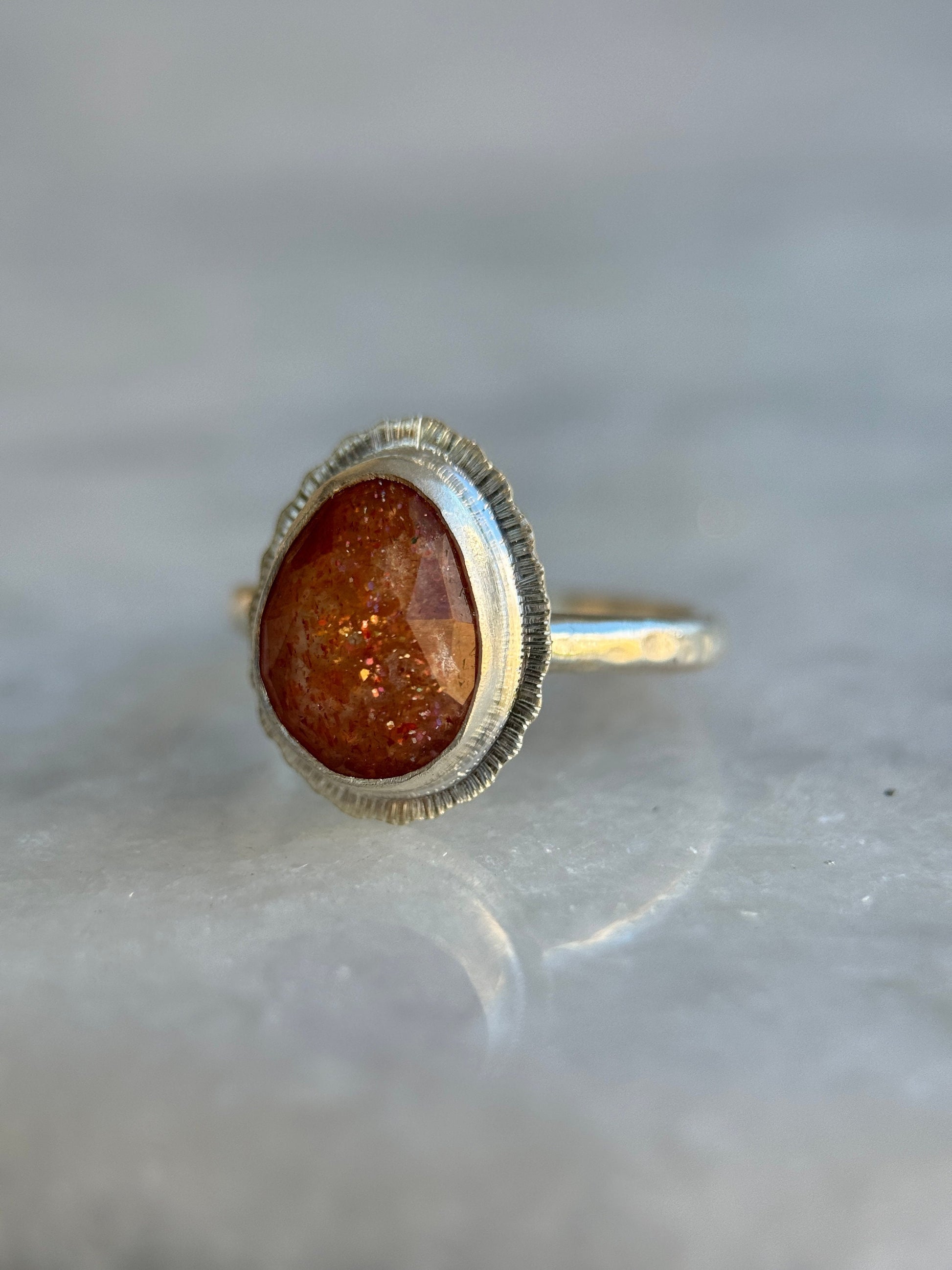 Rose cut Sunstone ring, one of a kind, natural glittery gemstone, open back, bezel set, recycled sterling silver, lucky jewellery for her