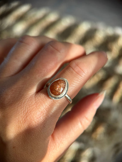 Rose cut Sunstone ring, one of a kind, natural glittery gemstone, open back, bezel set, recycled sterling silver, lucky jewellery for her