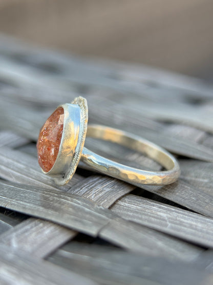 Rose cut Sunstone ring, one of a kind, natural glittery gemstone, open back, bezel set, recycled sterling silver, lucky jewellery for her