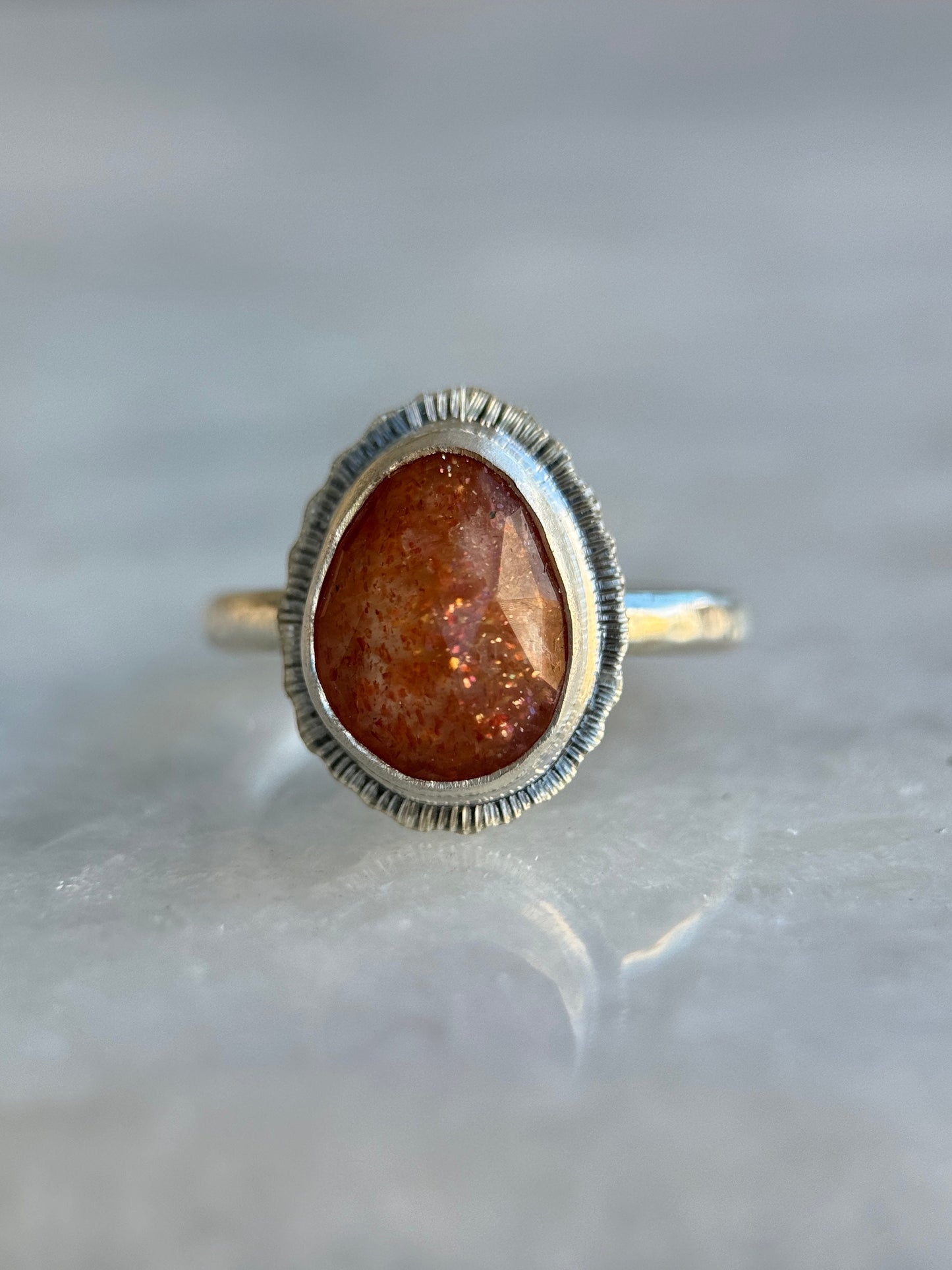 Rose cut Sunstone ring, one of a kind, natural glittery gemstone, open back, bezel set, recycled sterling silver, lucky jewellery for her