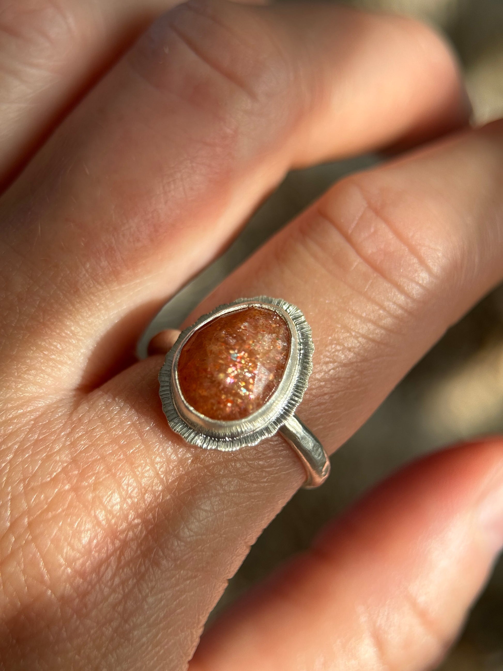 Rose cut Sunstone ring, one of a kind, natural glittery gemstone, open back, bezel set, recycled sterling silver, lucky jewellery for her