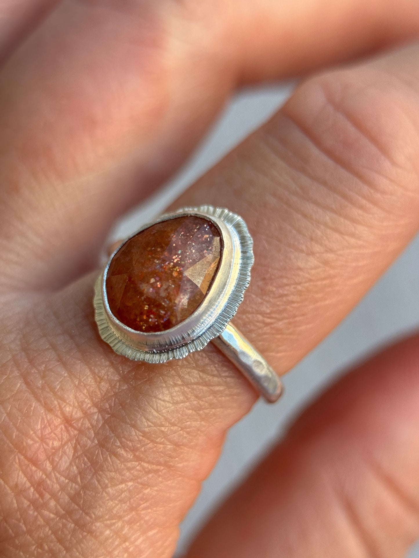 Rose cut Sunstone ring, one of a kind, natural glittery gemstone, open back, bezel set, recycled sterling silver, lucky jewellery for her