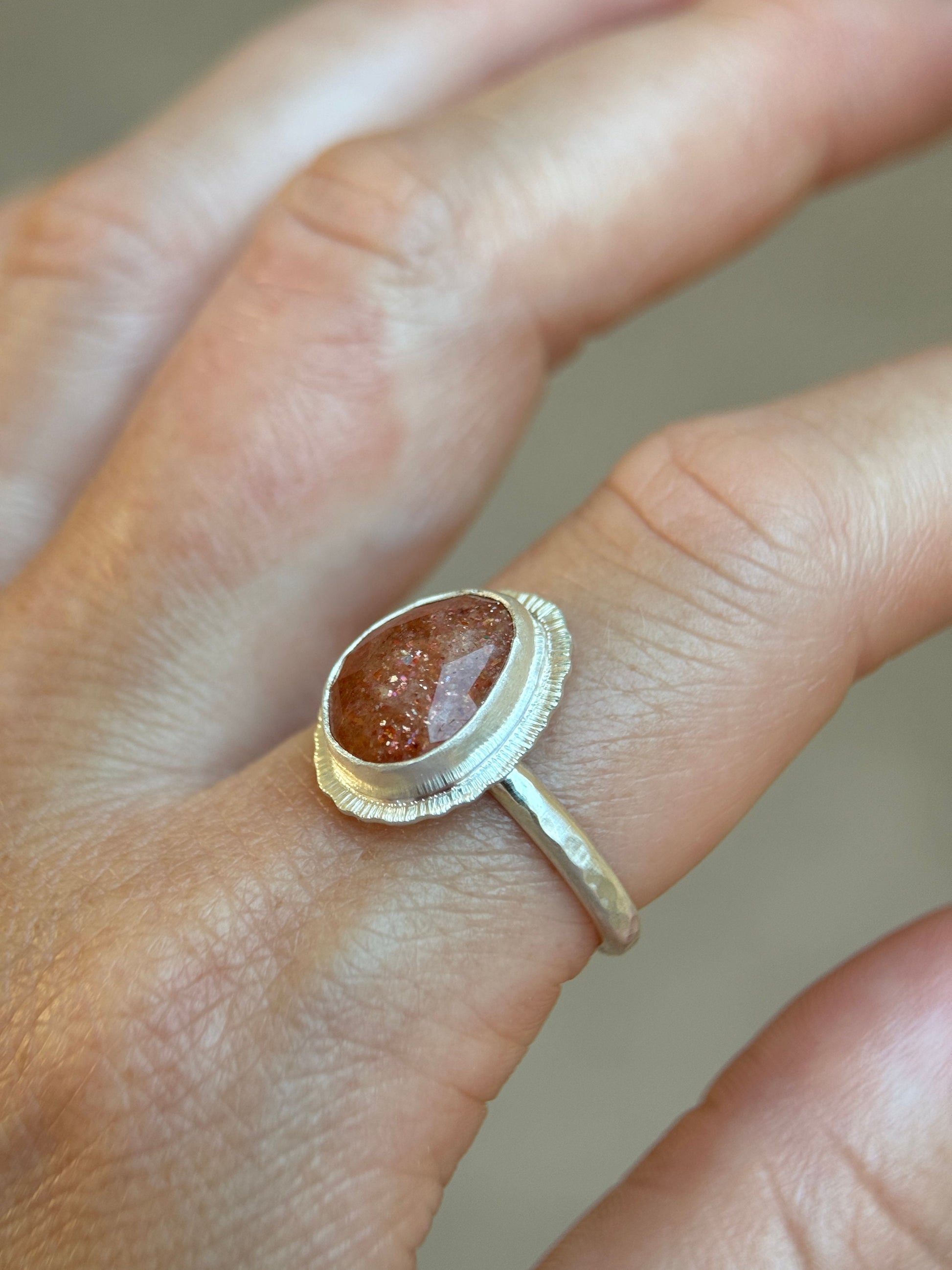 Rose cut Sunstone ring, one of a kind, natural glittery gemstone, open back, bezel set, recycled sterling silver, lucky jewellery for her