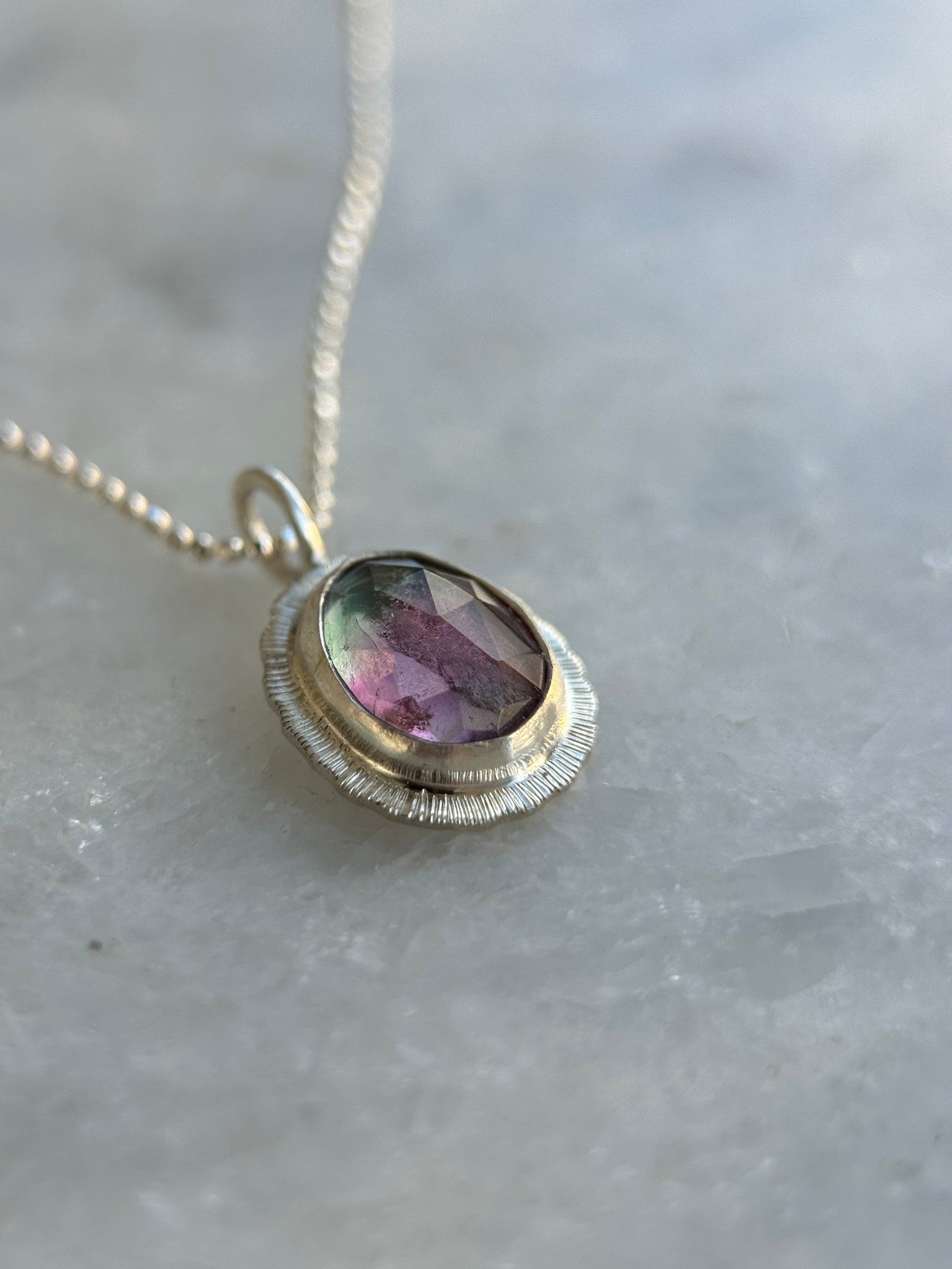 Rose cut Rainbow Fluorite pendant, natural multicoloured gemstone necklace, bezel set, open back, sterling silver crystal jewellery, OOAK