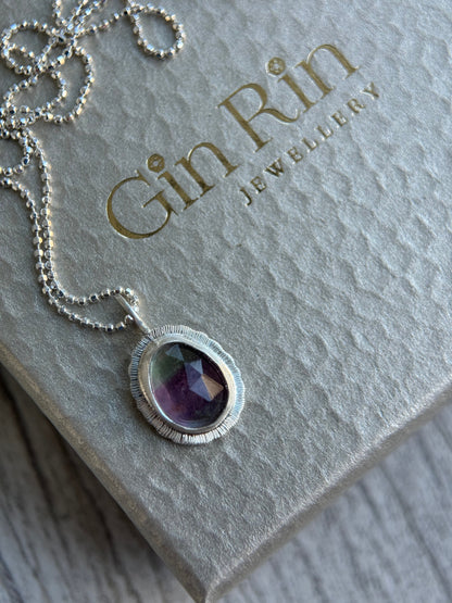 Rose cut Rainbow Fluorite pendant, natural multicoloured gemstone necklace, bezel set, open back, sterling silver crystal jewellery, OOAK