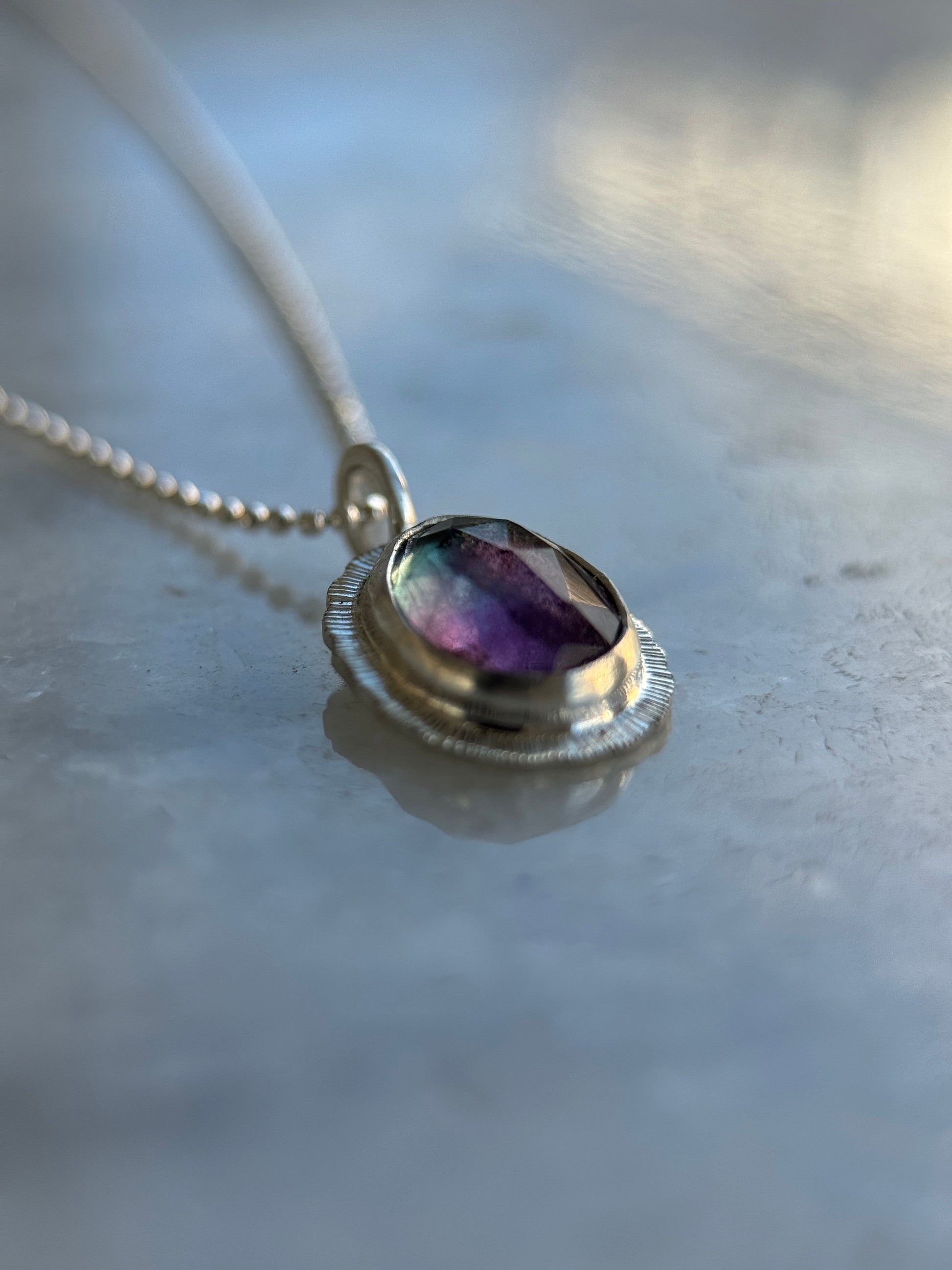 Rose cut Rainbow Fluorite pendant, natural multicoloured gemstone necklace, bezel set, open back, sterling silver crystal jewellery, OOAK