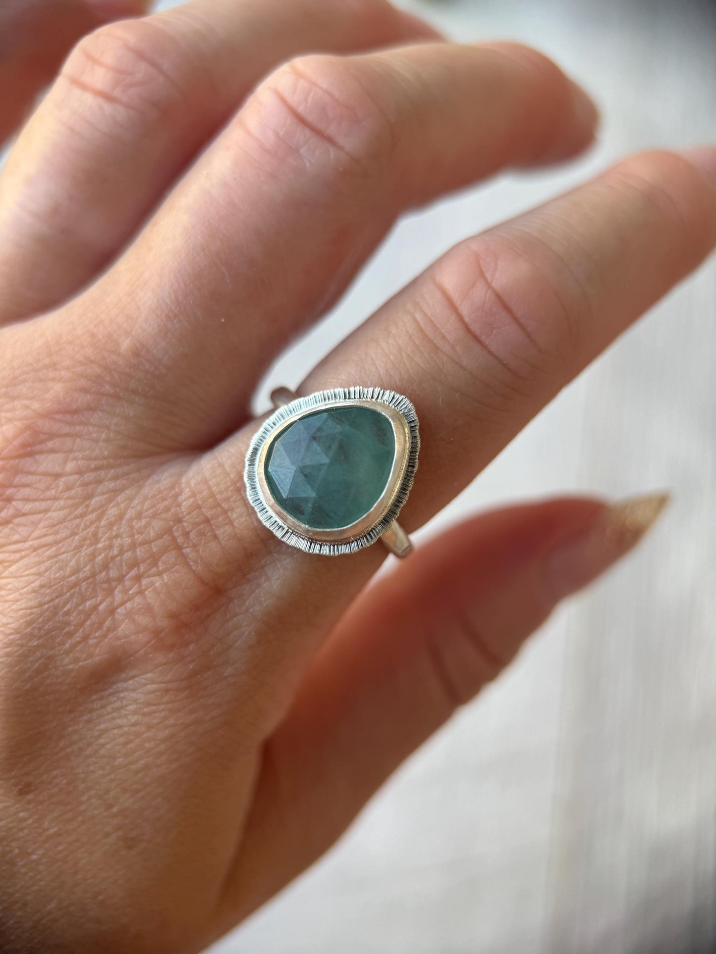 Rose cut Grandidierite ring, natural freeform gemstone ring, rare crystal jewellery, bezel set, open back, sterling silver, unique gift