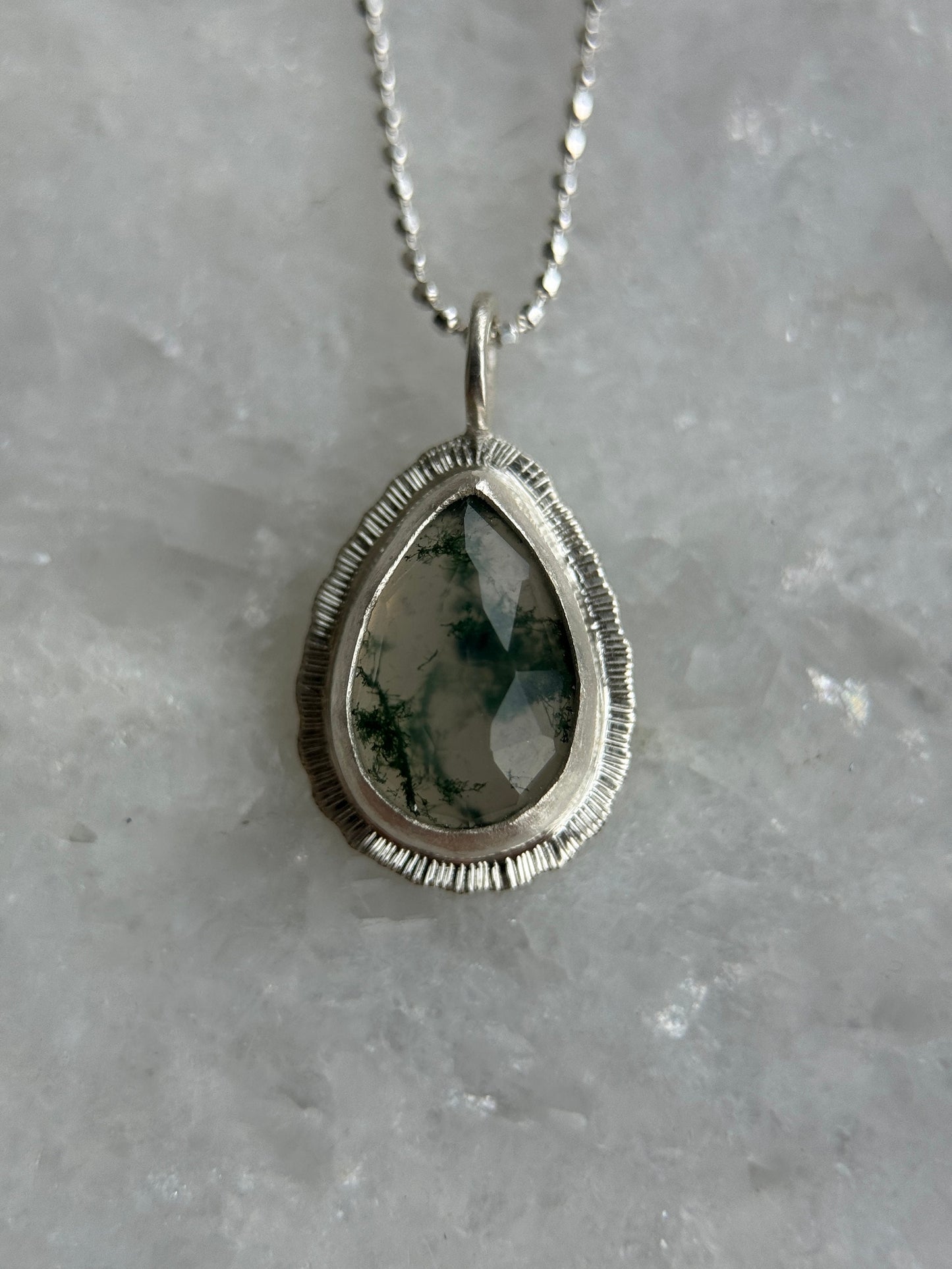 Rose cut teardrop Moss Agate pendant, natural gemstone necklace, open back, bezel set, sterling silver, unique and unusual, gift for virgo