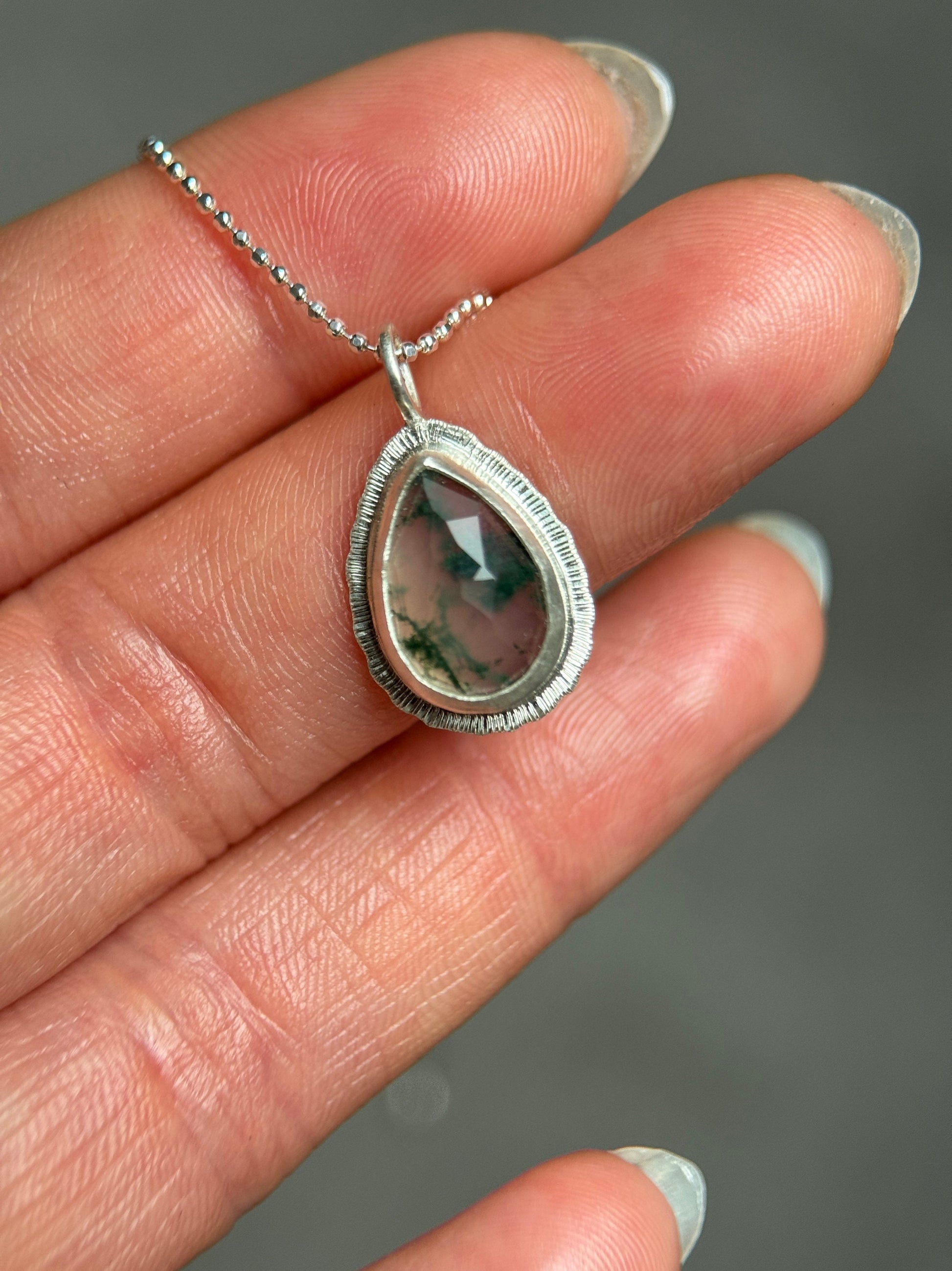 Rose cut teardrop Moss Agate pendant, natural gemstone necklace, open back, bezel set, sterling silver, unique and unusual, gift for virgo