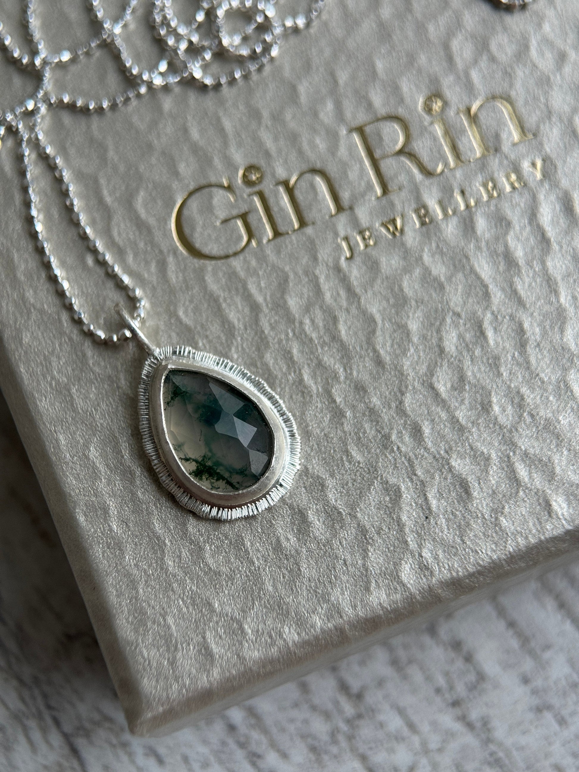 Rose cut teardrop Moss Agate pendant, natural gemstone necklace, open back, bezel set, sterling silver, unique and unusual, gift for virgo