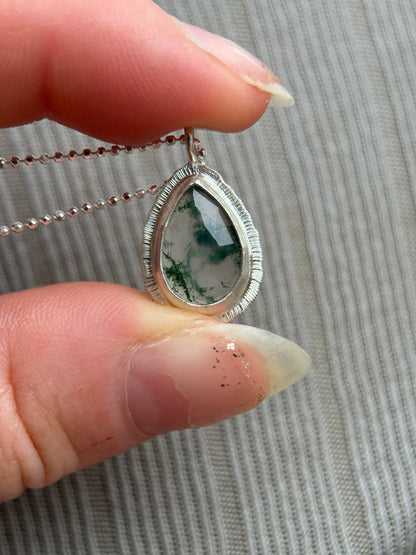 Rose cut teardrop Moss Agate pendant, natural gemstone necklace, open back, bezel set, sterling silver, unique and unusual, gift for virgo