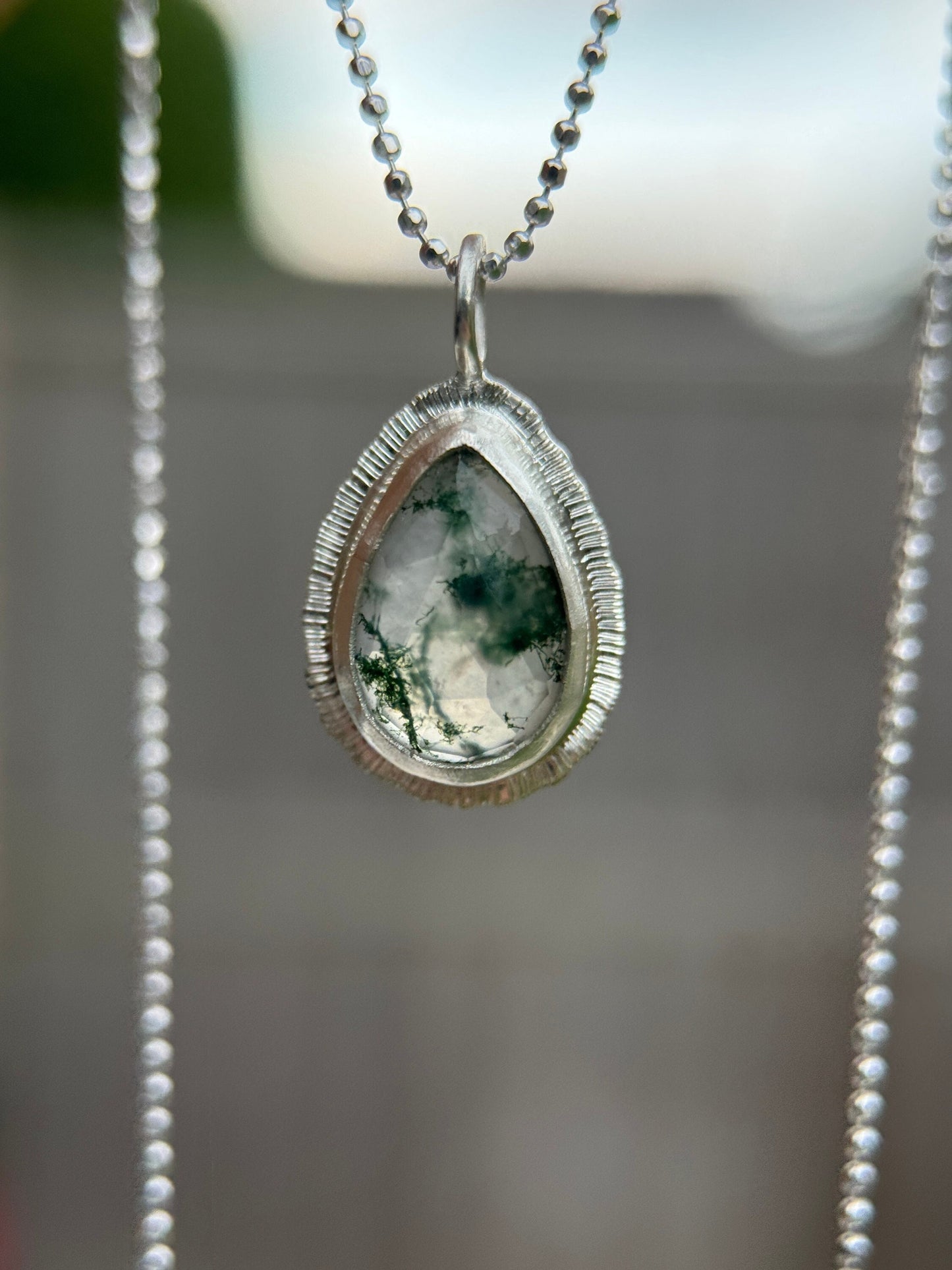 Rose cut teardrop Moss Agate pendant, natural gemstone necklace, open back, bezel set, sterling silver, unique and unusual, gift for virgo