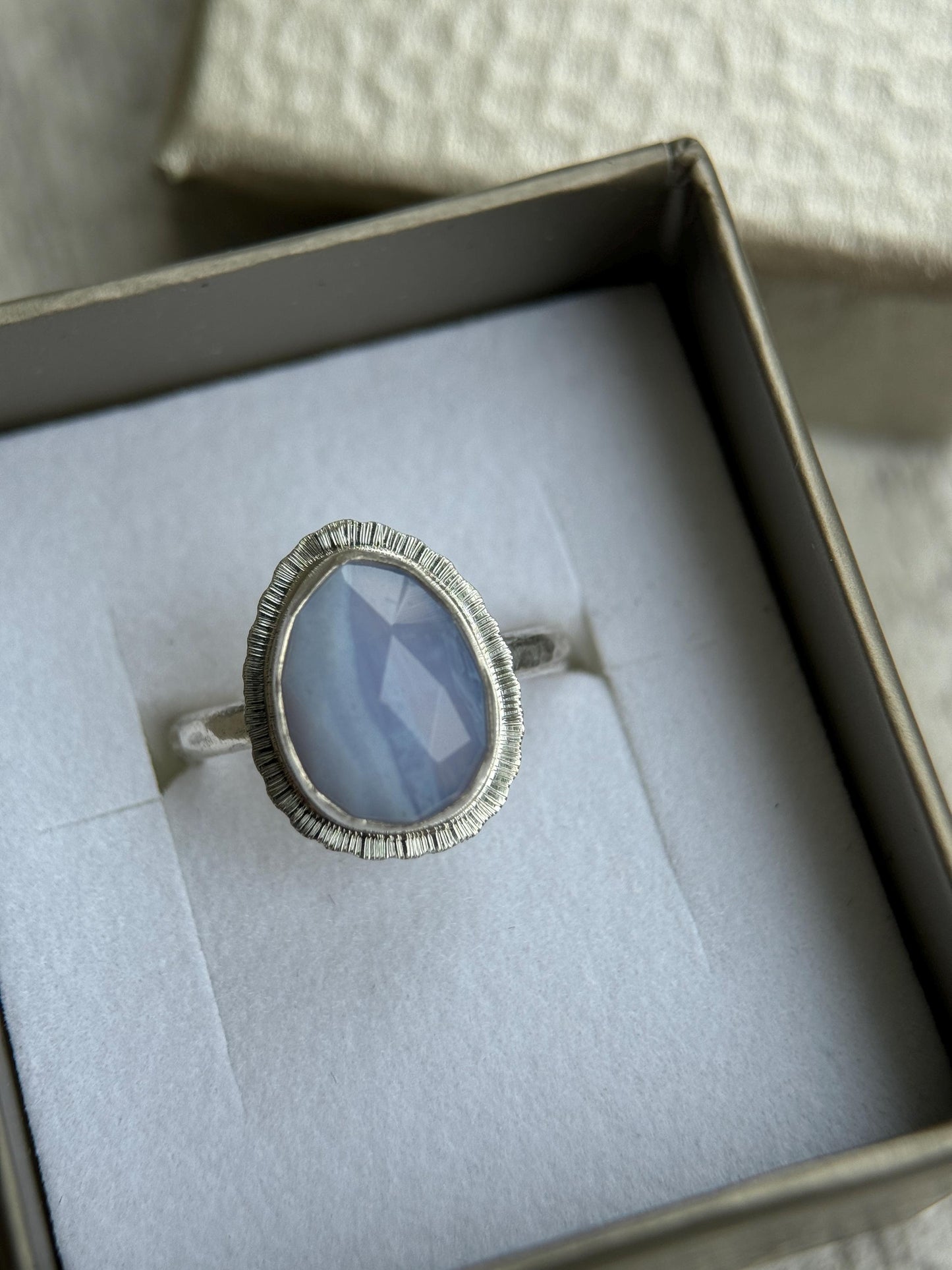 Rose cut Blue Lace Agate ring, natural patterned gemstone, bezel set, open back, recycled sterling silver, unique gift, crystal jewellery