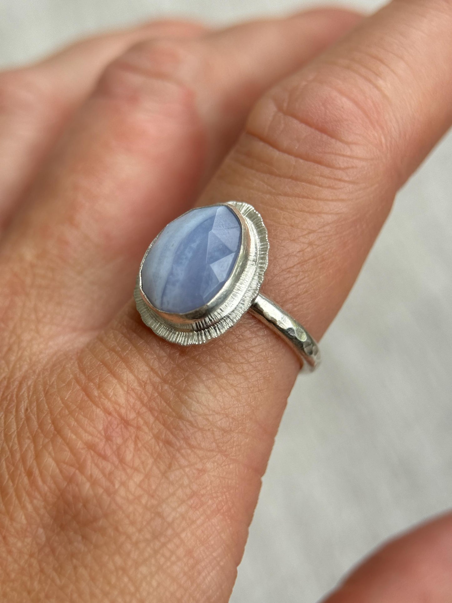 Rose cut Blue Lace Agate ring, natural patterned gemstone, bezel set, open back, recycled sterling silver, unique gift, crystal jewellery