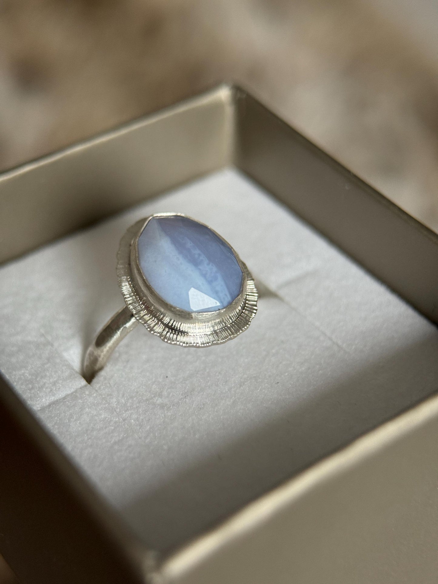 Rose cut Blue Lace Agate ring, natural patterned gemstone, bezel set, open back, recycled sterling silver, unique gift, crystal jewellery