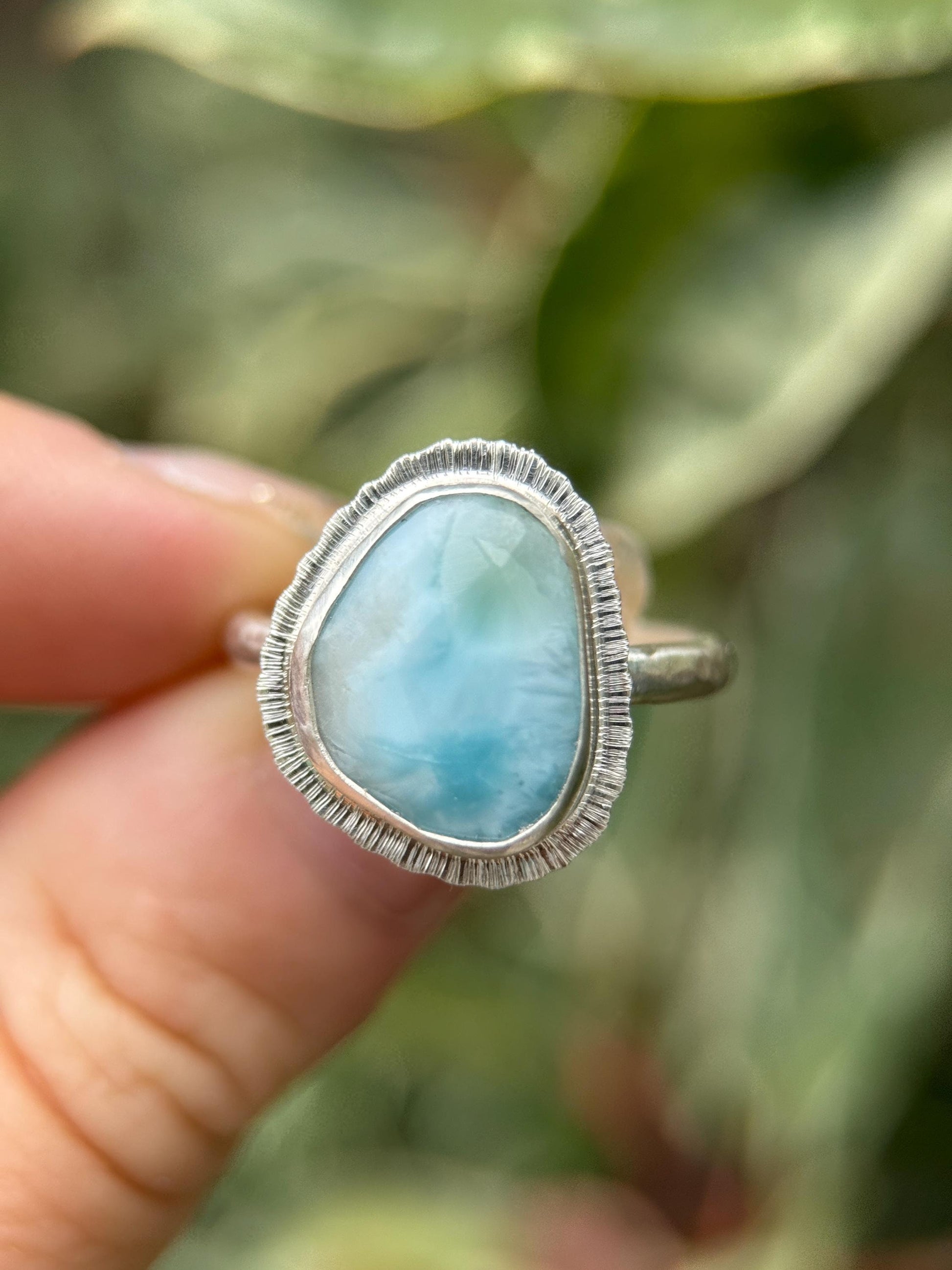 Rose cut Larimar ring, natural rare gemstone, Dominican Republic gem, open back, bezel set, sterling silver, atlantis stone, unique gift