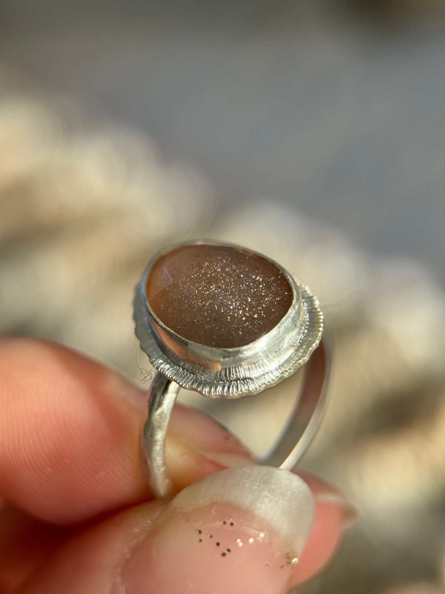 Rose cut bicolour Moonstone ring, natural sparkling gemstone, open back, bezel set, sterling silver, unusual jewellery gift, unique crystal