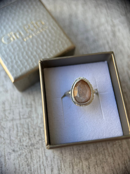 Rose cut bicolour Moonstone ring, natural sparkling gemstone, open back, bezel set, sterling silver, unusual jewellery gift, unique crystal