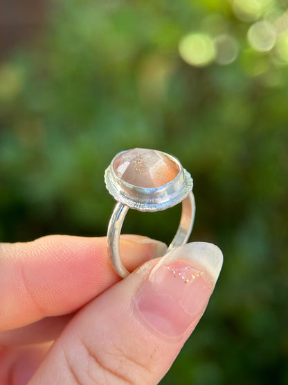 Rose cut bicolour Moonstone ring, natural sparkling gemstone, open back, bezel set, sterling silver, unusual jewellery gift, unique crystal