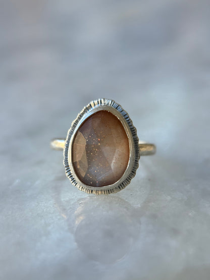 Rose cut bicolour Moonstone ring, natural sparkling gemstone, open back, bezel set, sterling silver, unusual jewellery gift, unique crystal