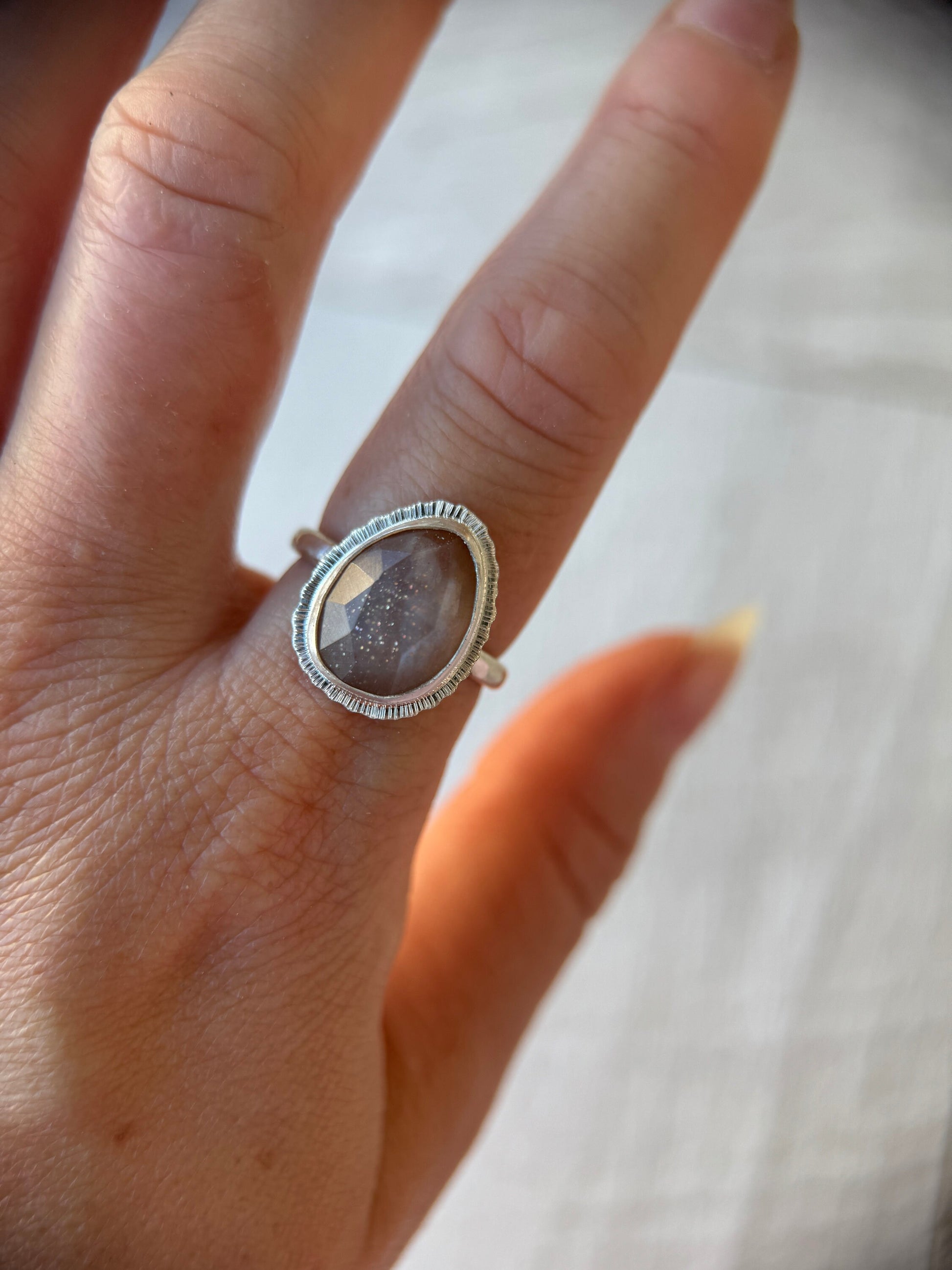 Rose cut bicolour Moonstone ring, natural sparkling gemstone, open back, bezel set, sterling silver, unusual jewellery gift, unique crystal