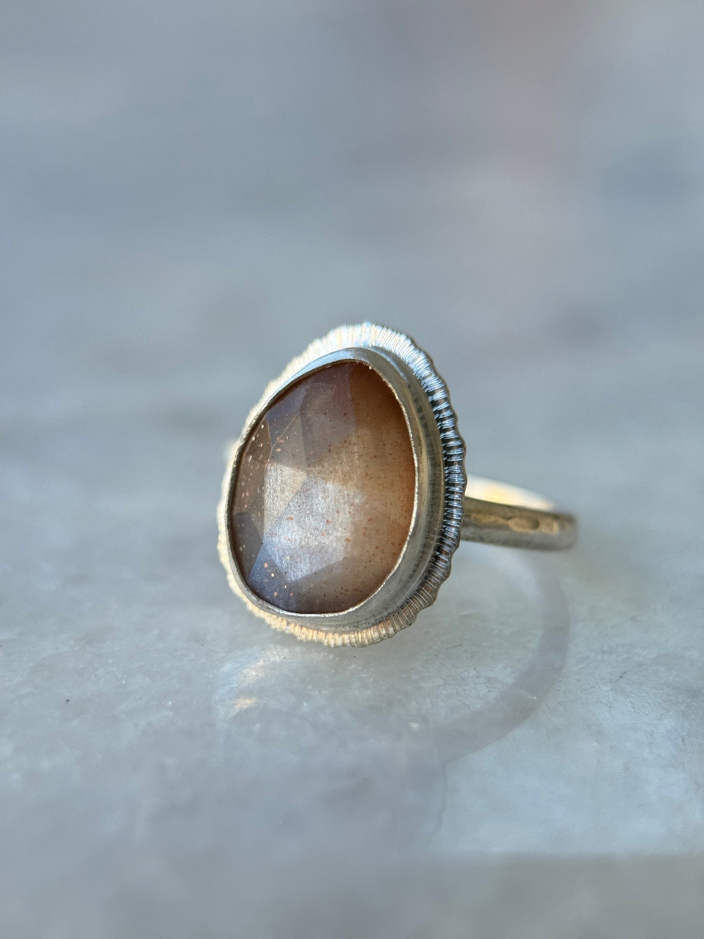 Rose cut bicolour Moonstone ring, natural sparkling gemstone, open back, bezel set, sterling silver, unusual jewellery gift, unique crystal