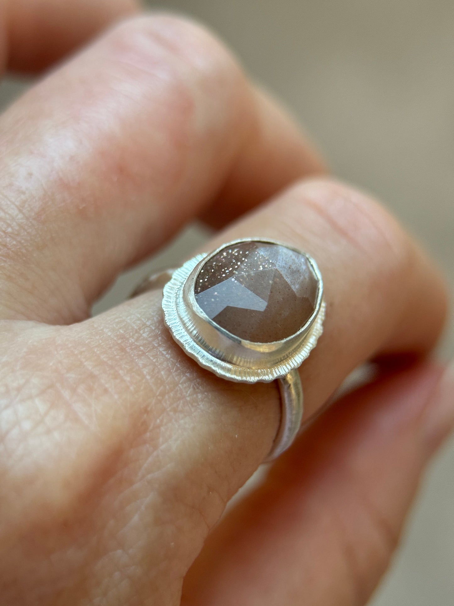 Rose cut bicolour Moonstone ring, natural sparkling gemstone, open back, bezel set, sterling silver, unusual jewellery gift, unique crystal