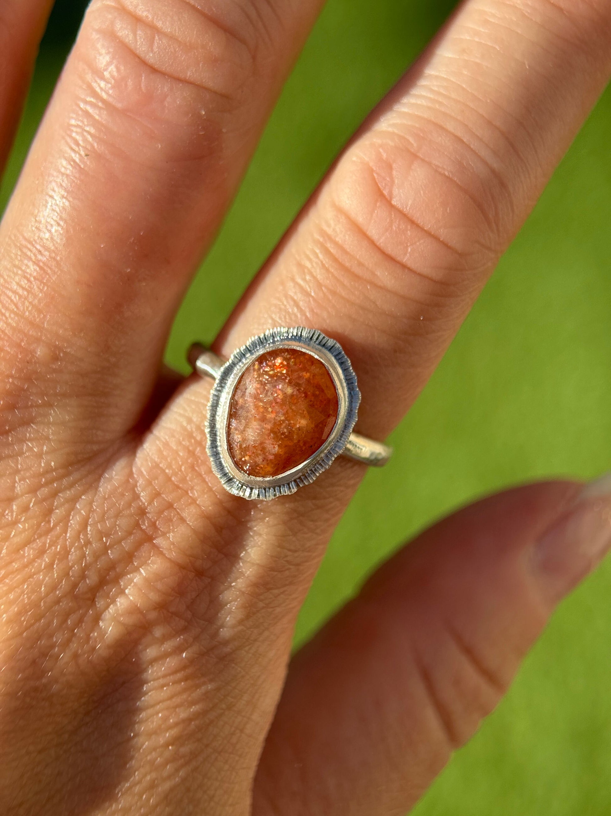 Rose cut Sunstone ring, one of a kind, natural glittery gemstone, open back, bezel set, recycled sterling silver, lucky jewellery for her